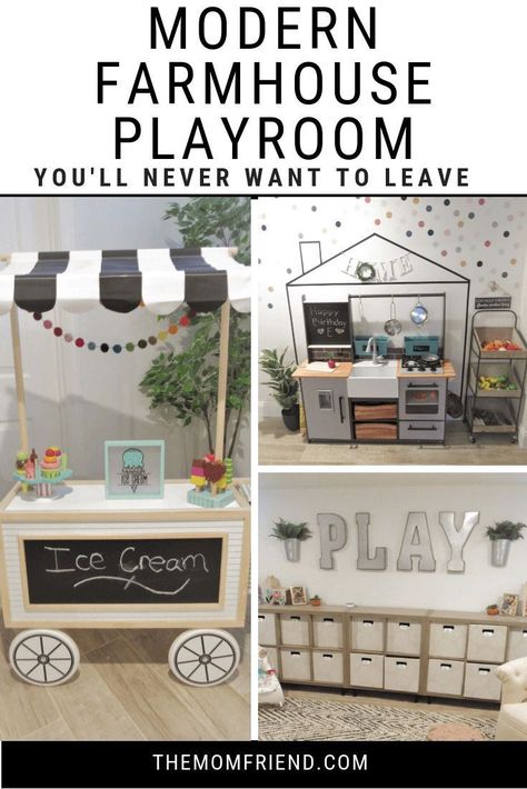 Your toddler will love this modern playroom that features tons of playroom ideas for organization of toys and dress up, plus modern farmhouse accents, all in a stunning basement playroom! Girls and boys of all ages will love playing in here! #playroom #playroomideas #organization #kidsroom #homedecor #farmhousedecor #toddler #momlife The Mom Friend, Farmhouse Playroom, Playroom Basement, Playroom Makeover, Modern Playroom, Playroom Rules, Boys Playroom, Girls Playroom, Basement Playroom