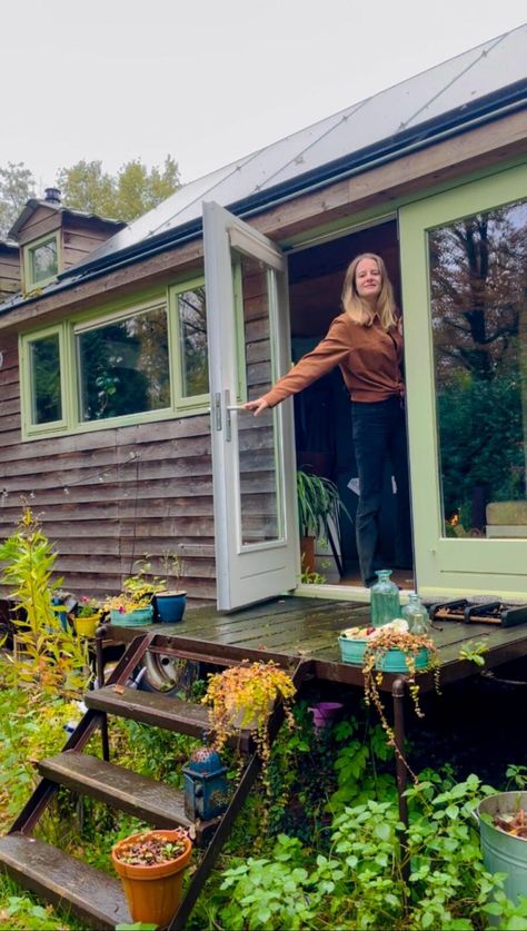 Her Beautiful DIY Tiny Home in the Netherlands Off Grid Tiny Home, Cozy Tiny House Interior, One Story Tiny House, Shed House Interior Ideas, Bohemian Tiny House, Cottagecore Tiny House, Diy Tiny House Under $5000, Rustic Tiny House Cabin, Tiny Home Villages