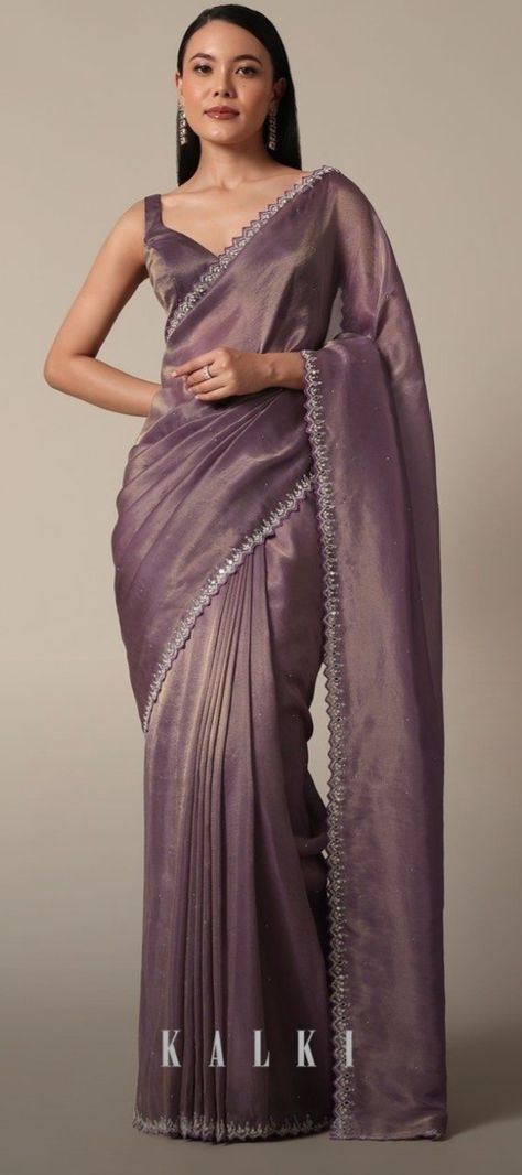 Lilac Saree, Crush Saree, Saree Wearing Styles, Simple Saree Designs, Trendy Outfits Indian, Scallop Border, New Saree Blouse Designs, Purple Saree, Fashionable Saree Blouse Designs