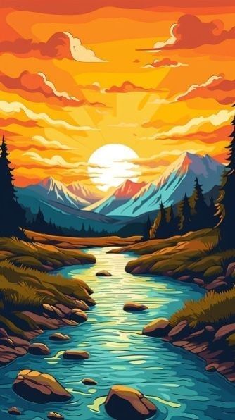 Sunset View Painting, Mountain View Drawing, Graffiti Mountains, Mountain View Painting, Mountain River Painting, Sunset Cartoon, Valley Drawing, River Illustration, Beautiful Scenery Drawing