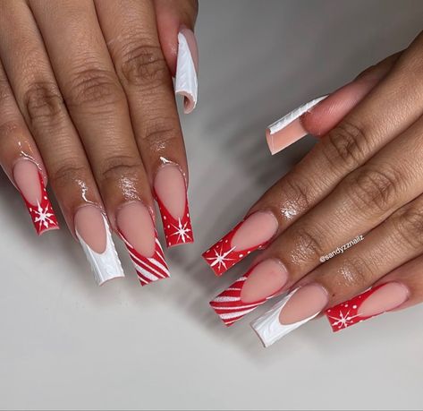 Red Plaid Christmas Nails, Candy Cane French Tip Nails, Christmas Nail Coffin, Christmas Nails Red And White, Red And White Christmas Nails, Traditional French Manicure, Nail Ideas For 2023, Red Tips, Holly And Berries