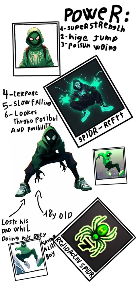 Spider Man Oc Name Ideas, Toxic Spiderman Oc, Spidersona Reference Sheet, Plant Superhero Oc, Spiderman Oc Ideas, Spiderman Oc Art Male, Green Spidersona, Spider Oc Art, Spider Sonas Male