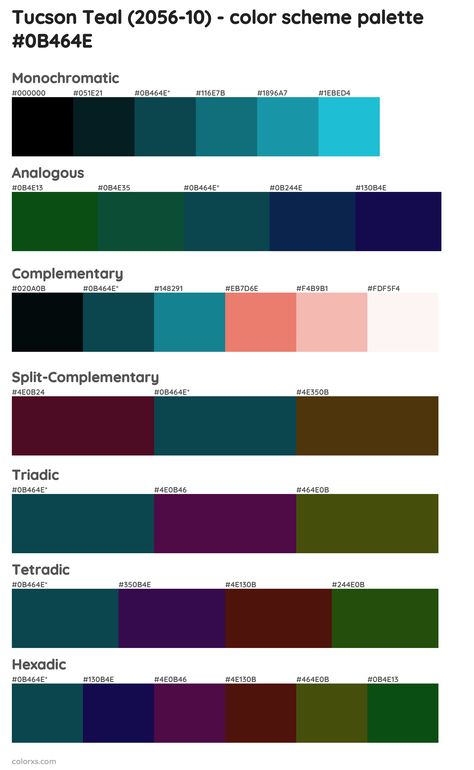 Benjamin Moore Tucson Teal (2056-10) Paint coordinating colors and palettes Teal Complementary Colors, Tucson Teal Benjamin Moore, Teal Color Palette Hex Code, Teal Color Palette Bedroom, Analogous Painting, Mermaid Rug, Pantone Color Guide, Teal Palette, Blue Color Palettes