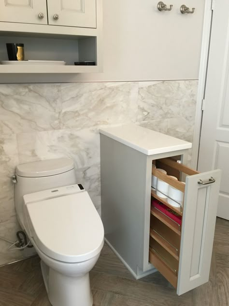 Privacy wall with storage. Cabinets painted with SW Repose Grey by Shiloh Cabinets. Toto toilet. Walls SW Eider White. Shiloh Cabinets, Repose Grey, Eider White, Laundry Room Storage Shelves, Toto Toilet, Privacy Wall, Cabinets Painted, Cabinet With Drawers, Pretty Bathrooms