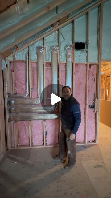 Evan Topilow on Instagram: "When vaulted ceilings prevent you from running ductwork in the traditional manner, we got creative. The HVAC unit supplying the second floor is located in the attic and the supply vents are typically in the ceiling. The only way to pass through this space was to come from the attic and run it down a double wall. —————————————- Architect: @gra.designstudio Designer: @ahdandco Insulation: @easterncontractorservices HVAC: @brighton_air_corp Lumberyard: @buildersgeneral Project Management: @buildbookhq ———————————- #hvac #ductwork #newconstruction #builder #insulation #finehomebuilding #sprayfoam #fiberglass #framing #framer #westfieldnj #scotchplainsnj #journaloflightconstruction #newjersey #njrealestate #209central #construction #contractor #homeimp Exposed Ductwork, Hvac System Design, Vaulted Ceiling Ideas, Hvac Ductwork, Hvac Design, Open Ceiling, Attic Ventilation, Floor Insulation, Attic Flooring