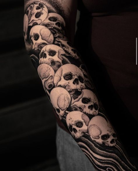 Catacombs Tattoo, Arm Skull Tattoo, Sleeve Skull Tattoo, Gothic Tattoo Sleeve, Skull Sleeves, Skull Tattoo Sleeve, Skulls Tattoo, Tattoos Infinity, Skull Sleeve Tattoos