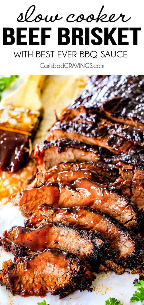 Slow Cooker Brisket (+ Homemade BBQ Sauce) - Carlsbad Cravings Slow Cooker Beef Brisket, Slow Cooker Barbecue Ribs, Slow Cooker Brisket, Crockpot Recipes Beef Stew, Beef Brisket Recipes, Carlsbad Cravings, Brisket Recipes, Bbq Sauce Homemade, Where's The Beef