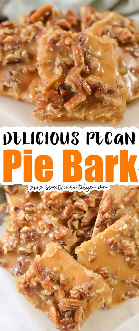 Pecan Pie Bark Pecan Praline Pie Bark, Pecan Pie Brittle, Praline Christmas Bark, Fall Bark Candy, Pecan Pie Crackers, Pecan Christmas Candy, Fall Bark Recipes, Christmas Bark Recipes Easy, Seasoned Pecans