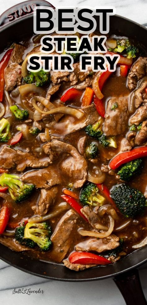 a cast iron skillet with stir fry and text overlay that reads best steak stir fry Beef Stir Fry Sauce, Beef Stir Fry Recipe, Easy Beef Stir Fry, Steak Stirfry Recipes, Stir Fry Recipes Healthy, Stir Fry Sauce Recipe, Steak Stir Fry, Wok Recipes, Beef Stir Fry Recipes