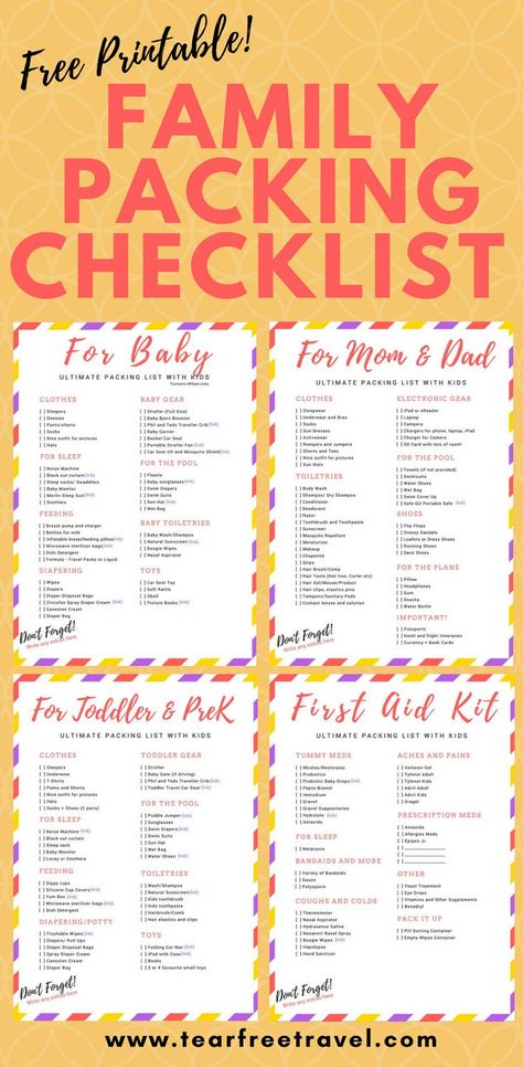 Looking for the ultimate family packing list? This packing list sample is a compilation of my list of toddler travel essentials, baby travel essentials, my travel first aid kit checklist, AND a list of packing essentials for moms and dads! #freeprintable #packinglist #familypackinglist #familypackingchecklist #travellingwithkidschecklist #toddlertravelitems #babytravelessentials #toddlertravelessentials #printabletravelpackinglist #packinglistsample #kidpackinglist #packinglistforvacation Toddler Travel Essentials, Family Vacation Packing List, Packing List Kids, Travel Packing List Printable, First Aid Kit Checklist, Vacation Packing Checklist, Family Packing List, Baby Packing List, Holiday Packing Lists