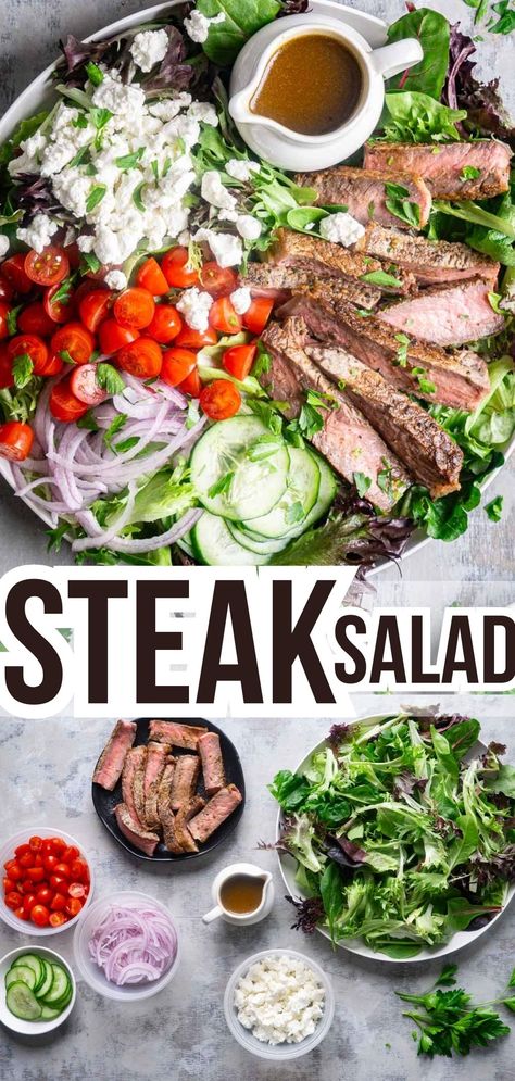 Steak salad pairs juicy steak with salad greens, tomatoes, goat cheese, and balsamic dressing for a restaurant-quality lunch or dinner at home! Grilled Steak Salad With Balsamic Vinaigrette, Steak Salad Goat Cheese, Steak Feta Salad, Healthy Steak Salad Recipes, Steak Marinade For Salad, Steak Spinach Salad, Steak And Spinach Salad, Mediterranean Steak Salad, Best Salad With Steak