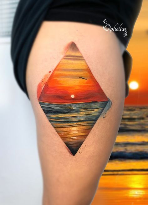 Sunset Over Water Tattoo, Hyper Realistic Tattoo, Sunset Tattoos, Goth Tattoo, Water Tattoo, Shape Tattoo, Landscape Tattoo, Ocean Tattoos, Ocean Landscape