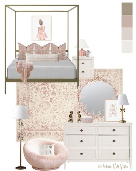 Aston Canopy Bed curated on LTK Girls Bedroom Mood Board, Ballerina Girls Bedroom, Elegant Girls Room, Girls Ballerina Bedroom, Pink Bedroom Accessories, Ballerina Room Decor, Decor Mood Board, Ballerina Bedroom, Ballerina Room