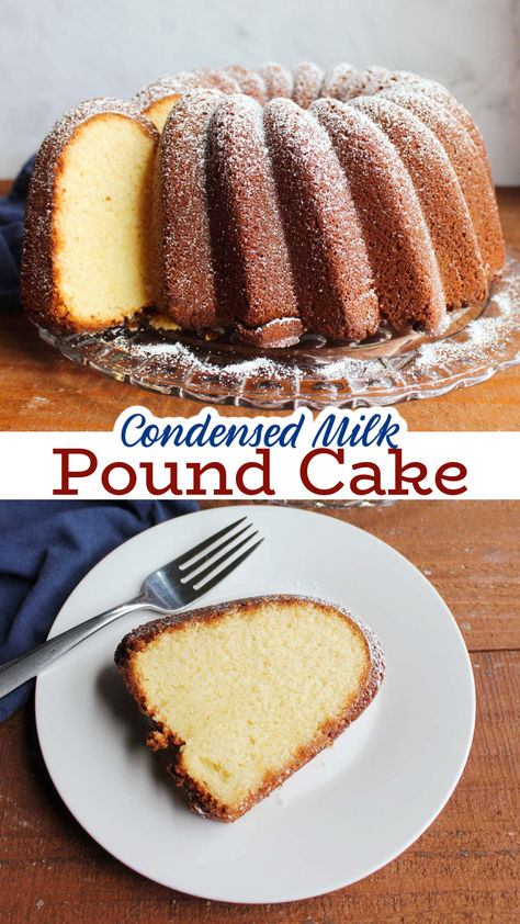 Condensed milk pound cake is rich, tender, and also pleasantly dense in all of the ways a good pound cake should be. This recipe forms a nice crust and beautiful pound cake crumb that is fabulous on its own but can hold up to plenty of fruit, whipped cream, or whatever toppings you like. Condensed Milk Bundt Cake, Mile High Pound Cake Recipe With Condensed Milk, Marguerite Allen Pound Cake, Mike High Eagle Brand Milk Pound Cake, Homemade Pound Cake Recipe Bundt Pans, Box Cake Mix Pound Cake, Dense Pound Cake Recipe, Mile High Eagle Brand Pound Cake, 2 Step Pound Cake Recipe