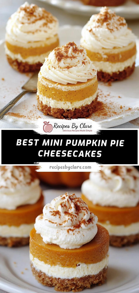 These mini cheesecakes combine a smooth cream cheese layer with a spiced pumpkin pie topping, making them the perfect bite-sized treat for autumn gatherings.  Ingredients:  1 cup graham cracker crumbs 8 oz cream cheese, softened 1/2 cup pumpkin puree 1/4 teaspoon ground cinnamon A delightful fusion of creamy cheesecake and spiced pumpkin pie, these mini treats are perfect for Thanksgiving or cozy fall celebrations! Mini Pumpkin Cream Cheese Pies, Turtle Pumpkin Cheesecake, Pumpkin And Cream Cheese Desserts, Best Pumpkin Desserts Thanksgiving, Pumpkin Pie Bites From Pie, Thanksgiving Dessert Cheesecake, White Chocolate Pumpkin Cheesecake, Thanksgiving Small Desserts, Small Cheesecake Minis