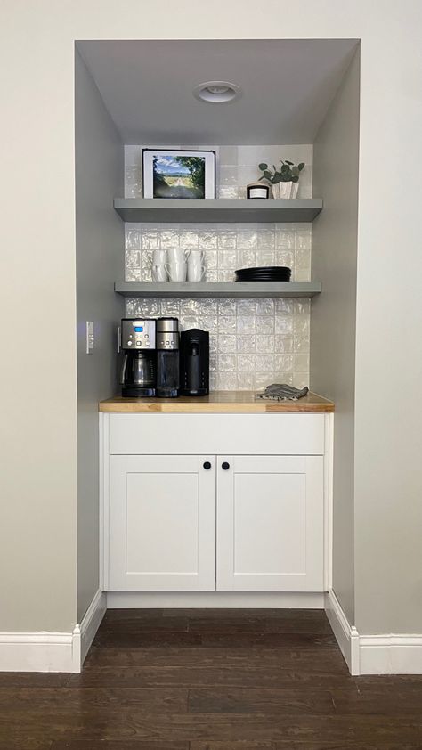 How we turned a closet into a coffee bar and added character to our builder grade home. Coffee Nook In Closet, Coffee Bar Closet Built Ins, Stock Cabinet Coffee Bar, Coffee Bar In Pantry Closet, Closet Into Nook, Coffee Bar In Closet, Closet Turned Into Bar, Pantry Bar Ideas, Coffee Closet