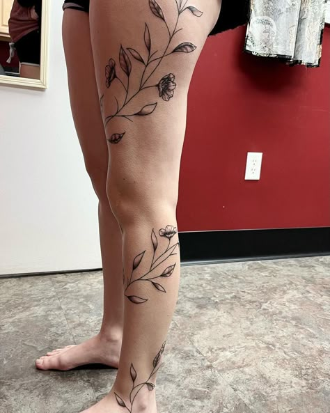 Simple Vine Tattoos - Body Artifact Vine Down Leg Tattoo, Vine Wrap Leg Tattoo, Vines Going Up Leg Tattoo, Flowers Wrapped Around Leg Tattoo, Floral Vine Tattoos Leg, Flower Wrap Around Tattoo Leg, Wrap Around Leg Tattoo Women Flowers, Floral Tattoo Leg Sleeve, Wraparound Leg Tattoo