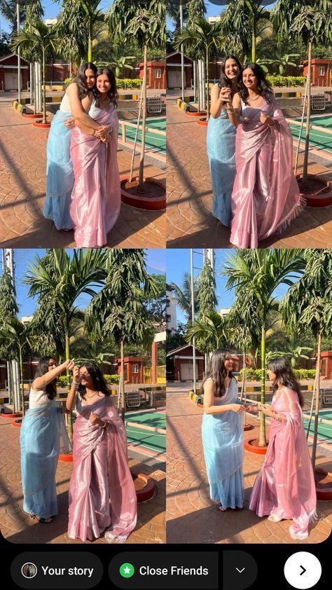 wholesome Best Friend Photoshoot In Saree, Farewell Poses With Bestie In Saree, Saree Frnds Pose, Traditional Dresses Poses With Friends, Aesthetic Sari Poses, Saree Photo Insta Story Idea, Saree Poses Two Friends, Traditional Poses With Bestie, Poses For Pictures In Saree