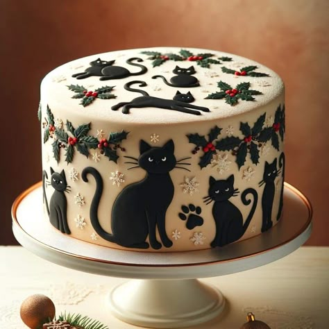 Cat Cake Design, Cakes With Cats, Black Cat Cake, Cat Cakes, Holiday Cake, Cupcakes Decorados, Smooth Cake, Cute Black Cat, Themed Christmas