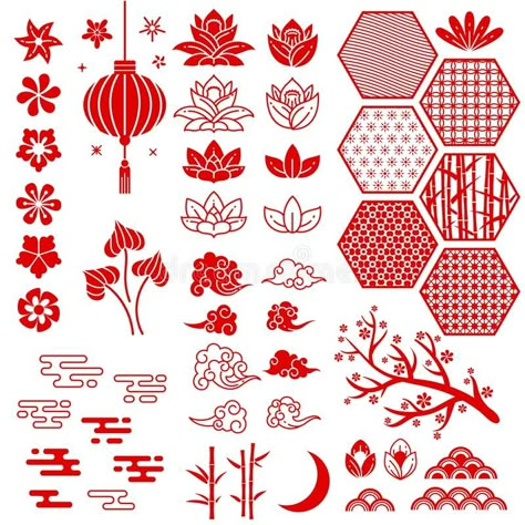 Chinese new year elements. Festive oriental asian style. Red cloud, flowers and moon, bamboo and sakura, lotus leaves royalty free illustration New Year Elements, Tekken 2, David Downton, Chinese Pattern, Chinese Paper, Red Cloud, Lotus Leaves, Chinese Design, Japanese Patterns