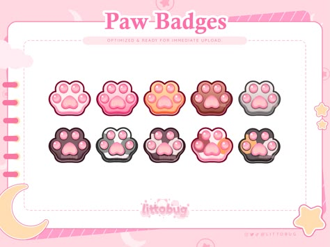 Shop this set of 10 colored paw badges for your Twitch or Youtube streaming channel. Files are optimized and will be available for download immediately upon purchase. Sheet Aesthetic, Two Color Hair, Emote Ideas, Badges Design, Watermark Ideas, Twitch Badges, Got Characters, Youtube Channel Art, Pixel Art Games