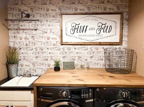 Timea Edelenyi | Real Estate🇨🇦 on Instagram: “How gorgeous is this laundry room make over? 🧺 I’m in love with the brick wall! Follow 👉🏼 @for_the_love_of_homes for more home inspo  Photo…” Brick Laundry Room Wall, Brick Wall Laundry Room, Wall Laundry Room, Basement Laundry Room, Basement Laundry, Farmhouse Laundry Room, Laundry Room Inspiration, Rock Wall, Home Inspo