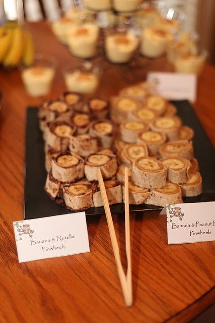 IMG_0146 | lrshelly | Flickr Nutella Pinwheels, Peanut Butter Tortilla, Tortilla Bites, Nutella And Banana, Banana Birthday, Monkey Party Ideas, Monkey First Birthday, Banana Party, Sock Monkey Birthday