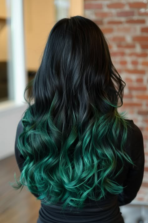 57+ Trending Ombre Hair Color Ideas Emerald Green Hair With Black, Black Hair Green Peekaboo, Hair Colour Ideas Green, Black And Green Ombre Hair, Half Red Half Green Hair, Emerald Green Hair With Dark Roots, Forest Green Ombre Hair, Emerald Green Hair Dye, Dark Green Hair Highlights