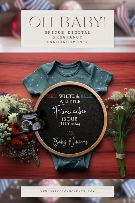 Celebrate your bundle of joy's upcoming arrival with our 4th of July Pregnancy Announcement! This digital template is steeped in patriotic charm, offering a beautiful and heartwarming way to share your news on Instagram and other social platforms. It's the perfect blend of American spirit and the anticipation of new life, ideal for a gender-neutral announcement. Baby Announcement August 2024, Memorial Day Baby Announcement, 4th Of July Baby Announcement, July Due Date Announcement, Memorial Day Pregnancy Announcement, July 2025 Pregnancy Announcement, July Baby Announcement, July Pregnancy Announcement, Patriotic Baby