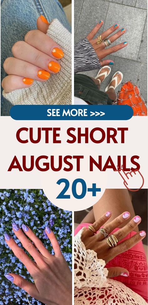 Achieve a stylish look this August with our charming short nail designs that exude chic sophistication. Embrace elegant floral accents and trendy geometric shapes to elevate your manicure game and add a touch of grace to your fingertips. Our curated collection of short August nail designs offers versatility, making them suitable for any occasion or outfit. Enhance your overall style with manicures that are both classy and fashionable. Nails For August/september, August Gel Nails 2024, Late Summer Nail Ideas Short, Nail Ideas For August 2024, August Short Nails, End Of Summer Nails Ideas Short, September Nails 2024 Short, August Nails 2024 Short, Late Summer Nail Designs