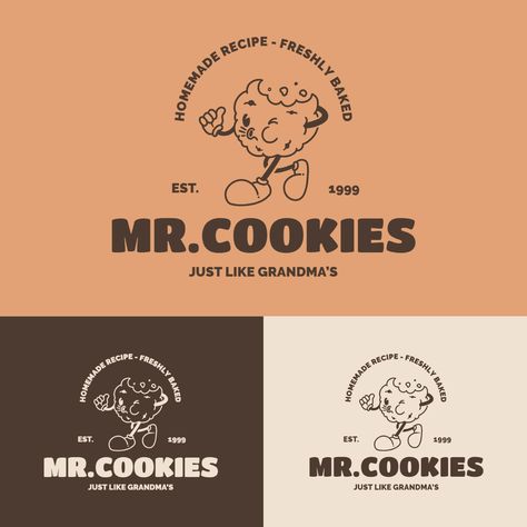 Logo retro de la cafetería Mr. Cookies Cookie Logo Ideas, Cookie Business Logo Ideas, Cookies Logo Ideas Brand Identity, Cookie Store Design, Cookie Company Logo, Cookie Business Branding, Retro Logo Ideas, Cookie Brand Logo, Cookie Shop Branding