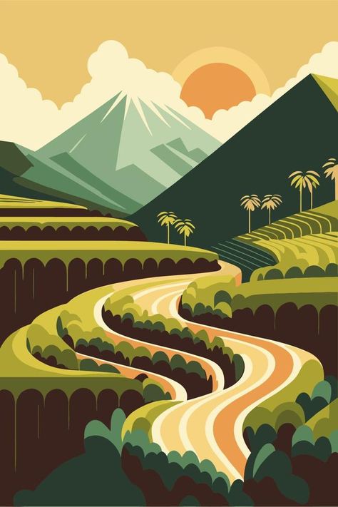 rice field terraces in mountains landscape poster vector flat color illustration background Scenery Vector Illustration, Vector Scenery Illustrations, Poster Color Landscape, Vector Poster Illustration, Person Vector Illustration, Nature Graphic Design Poster, Flat Landscape Design, Graphic Landscape Illustration, Poster Vector Design