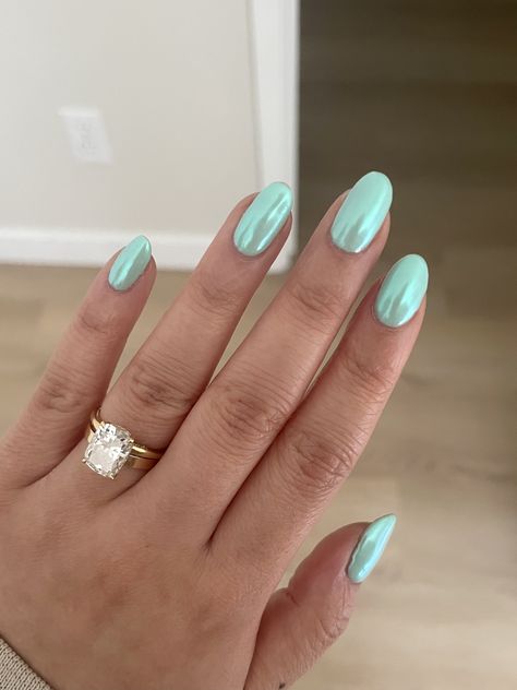 Sea Foam Blue Nails, Chrome Mint Nails, Light Teal Chrome Nails, Mint Teal Nails, Mint Green Prom Nails, Nail Inspo 1 Color, Light Aqua Nails, Mint Green Chrome Nails, Mint Chrome Nails