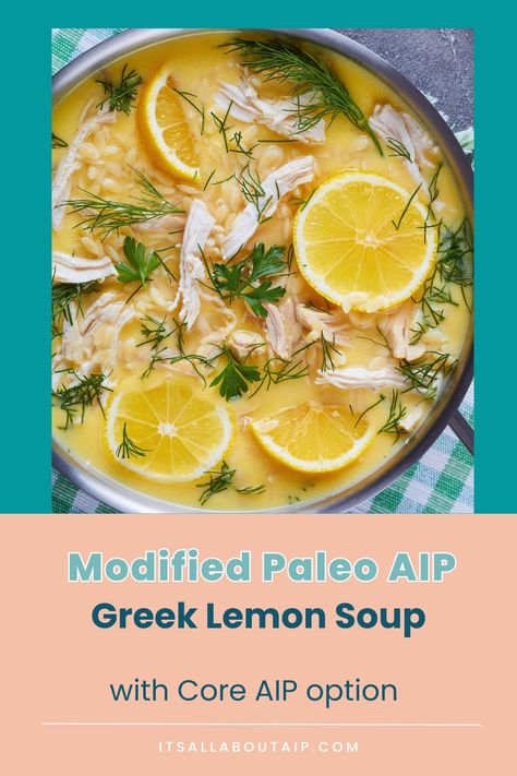 My Modified Paleo AIP Greek Lemon Soup includes white rice but also has a cassava-based Core AIP option for those not enjoying grains with their elimination diet. The Modified Paleo AIP diet is a variation of the Core AIP diet that eliminates certain foods to reduce inflammation and promote healing, but is less strict than Core AIP. The soup is a great source of nutrients and can help improve digestion, boost the immune system, and reduce inflammation. Aip Chicken Soup, Aip Snacks On The Go, Aip Salad Recipes, Foods To Reduce Inflammation, Aip Soup, Greek Lemon Soup, Inflammation Recipes, Lemon Soup, Aip Paleo Recipes