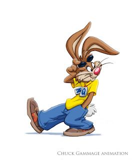 The Gammage studio did a couple of jobs with the Nesquik Rabbit. This particular look of the rabbit was the result of the agency asking me to modernize him, dog-tags and all.. Now I'm thinking, I should have lowered his pants and had his boxer shorts visible yo.  Daryl Graham Animation and Design: Nesquik Rabbit Nesquik Rabbit, Nesquick Bunny, Rabbit Cartoon Drawing, Nesquik Bunny, Cartoon Tattoo Ideas, Animated Shows, Cartoon Tattoo, Treats Recipes, Looney Tunes Cartoons