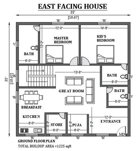 35'x35' East facing house plan as per Vastu shastra is given in this FREE 2D Autocad drawing file. The total built-up area of the plan is 1225sqft.download this 2D Autocad drawing file. 2d Plane House, Autocad 2d Plans House, 2d Autocad Plan, 30×35 House Plan East Facing, 35×40 House Plan East Facing, Autocad Floor Plans, House Plan Drawing Architecture, 2d Home Plan, 35×35 House Plan