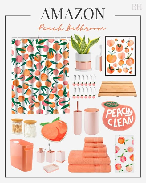 Check out this photo from brookehend_ Peaches Bathroom Decor, Peachy Clean Bathroom Decor, Citrus Bathroom Decor, Peachy Bathroom Decor, Fruit Bathroom Theme, Peach And Green Bathroom, Peach Themed Bathroom, Peachy Clean Bathroom, Peach Bathroom Ideas