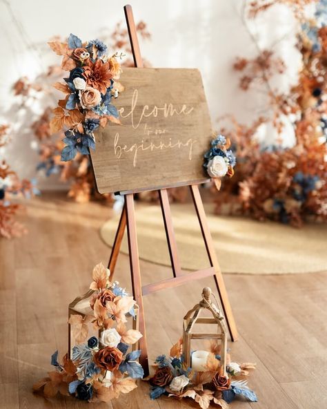 Denim Blue Wedding, Flower Swag, Swag Design, Wedding Flower Packages, Flower Tie, Wedding Theme Colors, Future Wedding Plans, Flower Packaging, Orange Wedding