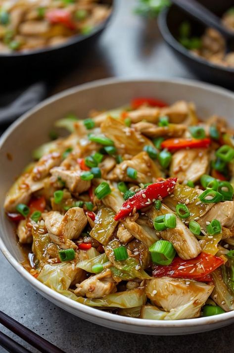 Sizzling Chinese Chicken Cabbage Stir-Fry: a quick, healthy dish packed with flavors! Perfect for a weeknight dinner. 🥢 #EasyRecipes #HealthyDinner #StirFry #AsianCuisine #QuickMeals Teriyaki Cabbage Stir Fry, Chinese Cabbage And Chicken Stir Fry, Chinese Chicken Cabbage Stir Fry, Cabbage And Chicken Recipes, Chicken And Cabbage Stir Fry, Chicken With Cabbage, Chicken Cabbage Stir Fry, Easy Chinese Chicken, Balsamic Glaze Recipes