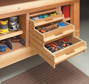 Workbench With Storage, Workbench Storage, Woodsmith Plans, Woodworking Garage, Magazine Storage, Woodworking Storage, Diy Workbench, Workbench Plans, Workshop Organization