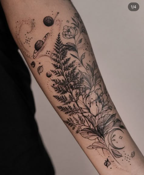 Fern And Moon Tattoo, Plant Tattoo Sleeve Botanical Prints, Landscape Sleeve Tattoo, Small Forest Tattoo, Fern Tattoo Sleeve, Nature Arm Sleeve Tattoos, Wilderness Tattoo Women, Boho Sleeve Tattoo, Wildflower Sleeve Tattoo