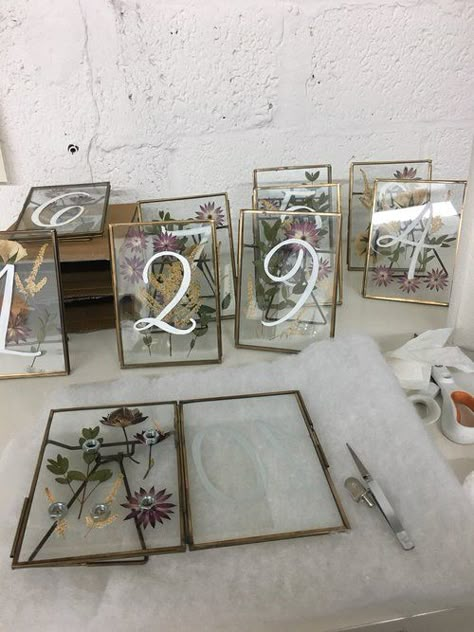 Pressed Flower Table Numbers, Pressed Flower Table, Framed Florals, Dried Flowers In Frame, Creative Wedding Table Numbers, Brooklyn Bar, Wedding Table Number Ideas, Flowers In Frame, Flower Table Numbers