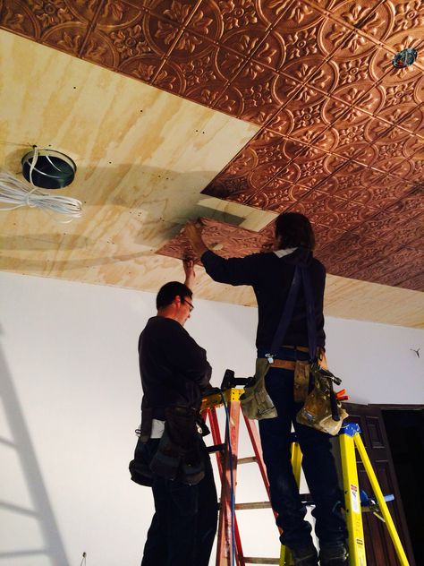 The copper ceilings are going up in the kitchen! Faux Copper Ceiling Tiles, Copper Ceiling Bathroom, Copper Tin Ceiling, Copper Tin Ceiling Kitchen, Copper Tile Ceiling, Copper Ceiling Kitchen, Brass Ceiling, Black And Copper Kitchen Ideas, Interesting Ceilings