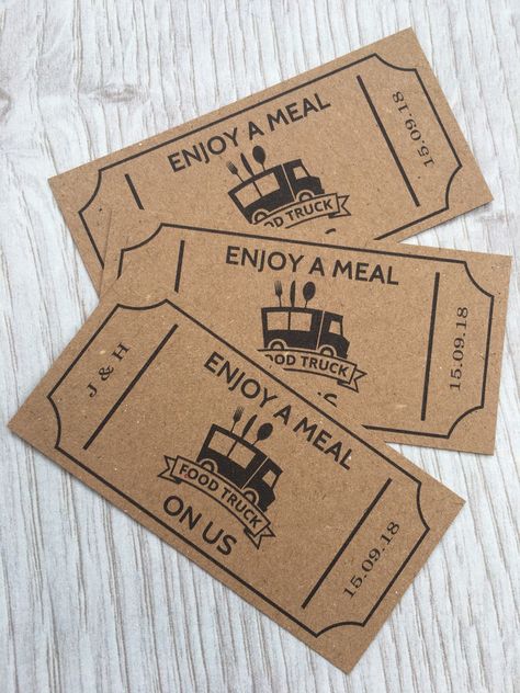 Excited to share this item from my #etsy shop: 50 Personalised Wedding Food Truck Tickets - Kraft Card - Coupons Wedding Meal Tokens Party Cards Custom Chic Sweet Sixteen Food Voucher Bar Food Truck Reception, Wedding Food Truck, Food Truck Party, Food Vouchers, Catering Van, Food Truck Wedding, Food For Special Event, Wedding Cake Alternatives, Bday Gift