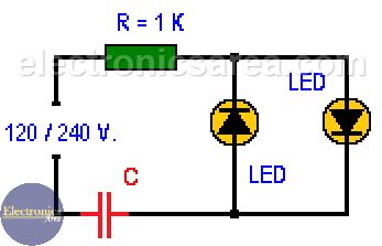 Light-Emitting diode connected to 120/240 VAC. This circuit shows 1 or 2 LEDs. The reduction of the AC input is achieved using a capacitor and a resistor Simple Circuit, Led Diodes, Electronic Circuit Projects, Navigation Lights, Light Emitting Diode, Circuit Projects, Electronics Circuit, Diode, Advanced Technology