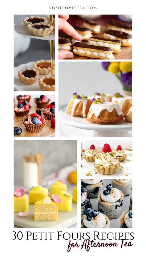 Afternoon Tea Sweets Recipes, Mini Petit Four, Fancy Tea Party Desserts, Mini Tea Desserts, Sweet Afternoon Tea Ideas, Tea Time Desserts Easy, Mini Cakes For Tea Party, Sweet Table Recipes, Tea Party Petit Fours