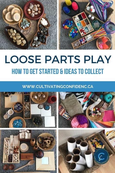 Title says, Loose Parts Play, how to get started and ideas to collect on a blue background. 6 images consisting of loose parts that include rocks, tree cookies, shells, cd's, cups, straws, hangers, fabrics, glass stones, mirrors, cardboard tubes, wooden blocks.  Items are in different baskets and trays on a grey rug in the background. Loose Parts Storage, Loose Parts Play Ideas, Reggio Loose Parts, Loose Parts Ideas, Baby Room Ideas Early Years, Loose Part, Invitations To Play, Reggio Inspired Classrooms, Loose Parts Play