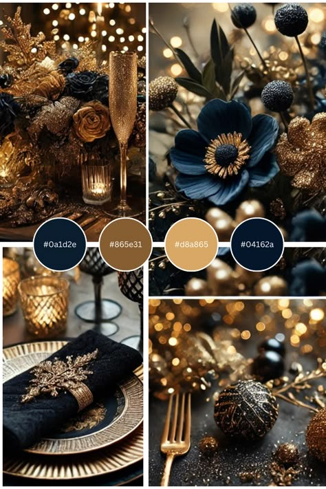 Celebrate New Year's Eve with a stylish palette in deep navy, gold, and black. Perfect for a sophisticated table setup with floral accents, elegant tableware, and candlelight reflections. #NewYearsDecor #ElegantPalette #GoldAndNavy #HolidayTable #FestiveDining #NewYearInspiration Navy Blue Cream Color Palette, Nye Party Color Scheme, Navy Gold White Color Palette, 1920s Color Scheme, Navy Black And Gold Wedding, Indigo And Gold Color Palette, Gold And Black Color Scheme, Blue Gold Black Color Palette, Navy And Brown Wedding Colors