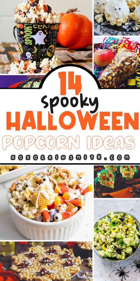 collage of different Halloween popcorn treat ideas like Halloween popcorn balls, Halloween popcorn mix, Halloween popcorn treats and more Popcorn Recipes Halloween, Popcorn Mix Ideas, Halloween Popcorn Recipes, Halloween Popcorn Ideas, Halloween Popcorn Mix Easy, Popcorn Halloween Treats, Halloween Dessert Ideas Easy, Easy Halloween Party Dessert, Halloween Popcorn Bar