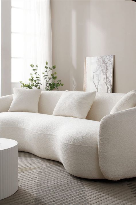 The perfect cloud couch dupe. Rounded Sofa, Boucle Couch, Beige Interior Design, White Sofa Living, Round Couch, White Sofa Living Room, Curved Couch, White Couch, Modern Sofa Couch